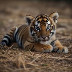 brown and black tiger baby  lying on ground