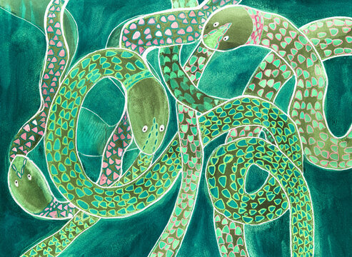 Asian fantasy of jaden snakes biting their own tail. The dabbing technique near the edges gives a soft focus effect due to the altered surface roughness of the paper.
