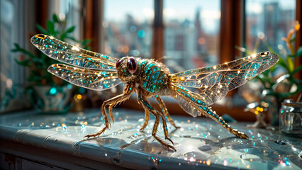 Shiny dragonfly on the background of a window