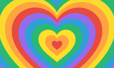 Groovy Y2K background. Tunnel of Concentric hearts in rainbow progress flag colors. Vector illustration 