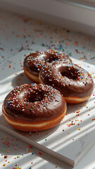 Chocolate Donuts On a white table with colorful paper scattered all over the picture