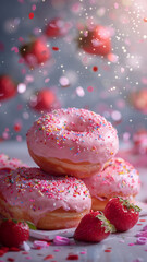 Strawberry Donuts On a white table with colorful paper scattered all over the picture