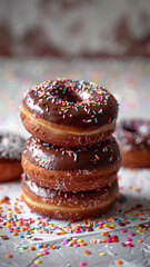 Chocolate Donuts On a white table with colorful paper scattered all over the picture