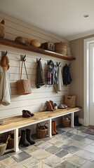 Fototapeta na wymiar Cozy and Organized Mudroom with Vintage Touches and Warm Lighting