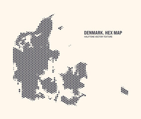Denmark Map Vector Hexagonal Halftone Pattern Isolate On Light Background. Hex Texture in the Form of a Map of Denmark. Modern Technological Contour Map of Denmark for Design or Business Projects - 778926916