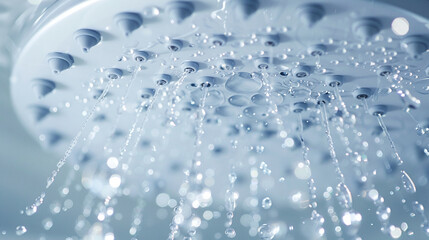 White optic patterns on a watersaving showerhead, closeup, droplets in flight