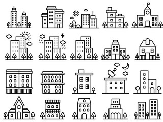 Obraz premium Simple urban buildings line icon collection
