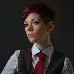 Business tie. Young business woman with short red hair wearing a white shirt and tie. Cinematic lighting
