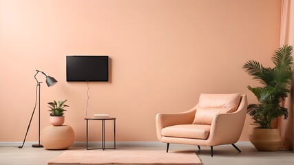 Create a mockup of a TV wall mounted on a pastel peach fuzz wall with a leather armchair.