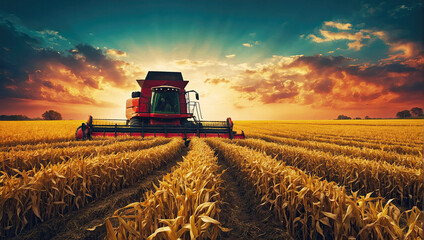 Obraz premium A combine harvester in the field harvests wheat. Harvest festival, autumn field cleaning, grain crops