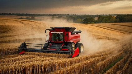 Obraz premium A combine harvester in the field harvests wheat. Harvest festival, autumn field cleaning, grain crops