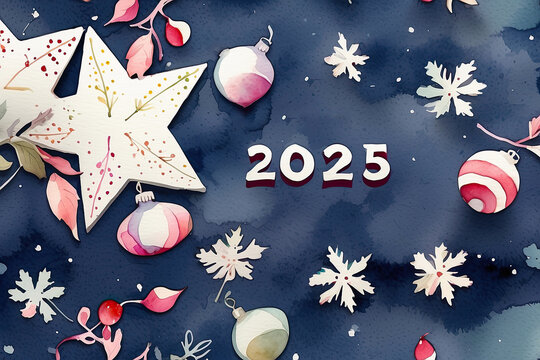 Happy New Year watercolour- wooden letters and the numbers 2025 on festive Christmas background with sequins, stars, snow. Greetings, postcard. Calendar, cover. 