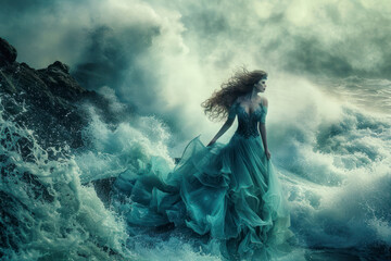 Alluring Siren sings on stormy coast, luring sailors. - obrazy, fototapety, plakaty