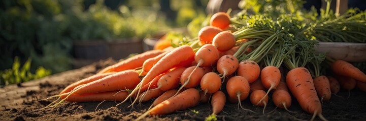 A ripe harvest of orange carrots in the garden with a ray of sunshine is the autumn harvest of a natural eco-friendly product from your garden.  - obrazy, fototapety, plakaty