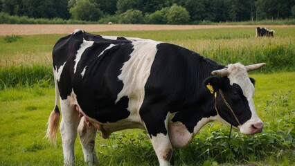 Fototapeta premium cow from a sustainable dairy farm for milk production in an innocent looking meadow