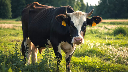 cow from a sustainable dairy farm for milk production in an innocent looking pasture. Ecology concept