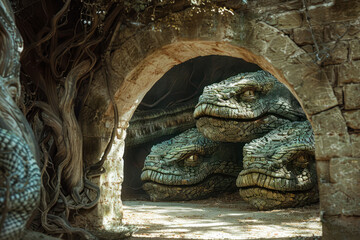 Ancient Hydra guards entrance to forbidden labyrinth. - obrazy, fototapety, plakaty