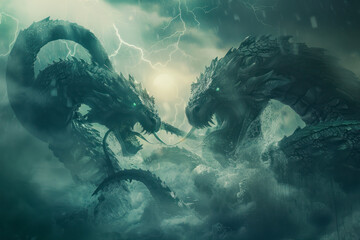 Hydra battles mythical beasts in epic clash. - obrazy, fototapety, plakaty