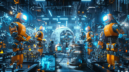 Robots and engineers posing in high-tech factory, group shot, vibrant digital effects, dynamic composition - obrazy, fototapety, plakaty