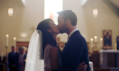 A bride and groom at their church wedding kissing in front of the altar