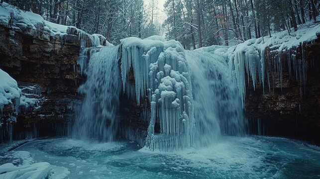   A waterfall adorned with ice cascades, its icy tendrils clinging to the edges, as melted water flows down its sides