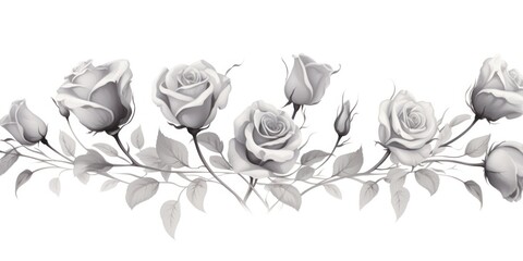 Gray roses watercolor clipart on white background, defined edges floral flower pattern background with copy space for design text or photo backdrop minimalistic  - obrazy, fototapety, plakaty