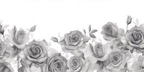 Gray roses watercolor clipart on white background, defined edges floral flower pattern background with copy space for design text or photo backdrop minimalistic  - obrazy, fototapety, plakaty
