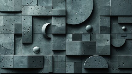   A monochrome image depicting a wall with squares, circles, and abstract designs, featuring droplets of water