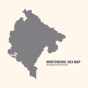 Montenegro Map Vector Hexagonal Halftone Pattern Isolate On Light Background. Hex Texture in the Form of a Map of Montenegro. Modern Tech Contour Map of Montenegro for Design or Business Projects