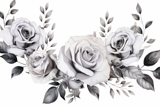 Gray roses watercolor clipart on white background, defined edges floral flower pattern background with copy space for design text or photo backdrop minimalistic 