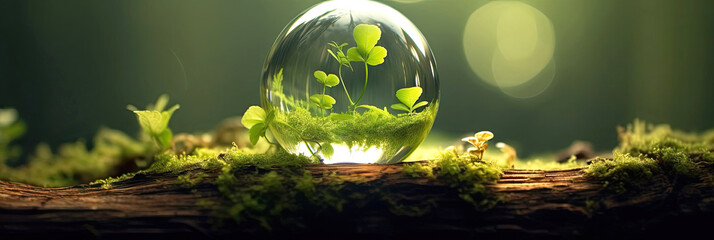 A young green sprout In a glass sphere, a dewdrop plants in the ground close-up.  - obrazy, fototapety, plakaty