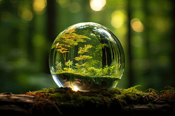 A glass sphere of pure dew drops in a forest on earth is a ball with an internal microclimate, a clean environment, protecting the ecology of the planet. AI generated
