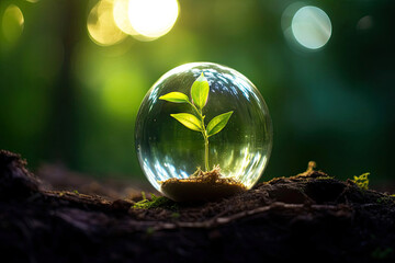 A young green sprout In a glass sphere, a dewdrop plants in the ground close-up.  - obrazy, fototapety, plakaty