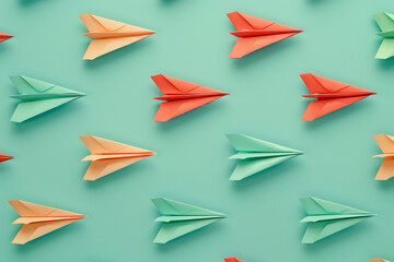 Colorful Paper Planes on Teal Background: Origami Concept