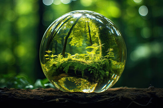 A glass sphere of pure dew drops in a forest on earth is a ball with an internal microclimate, a clean environment, protecting the ecology of the planet. AI generated