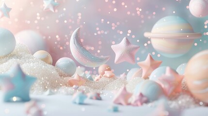 3D render clay style constellation of pastel stars and planets in a soft cosmic scene, evoking wonder and tranquility