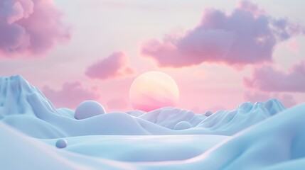 3D render clay style depiction of a pastel sunrise over a minimalist landscape, evoking a sense of new beginnings