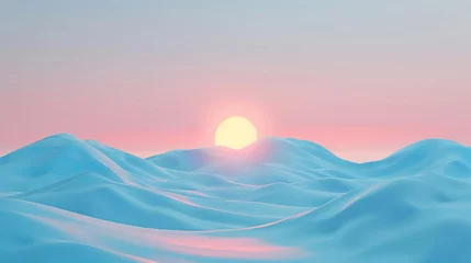 Fotobehang 3D render clay style depiction of a pastel sunrise over a minimalist landscape, evoking a sense of new beginnings © Piyapan