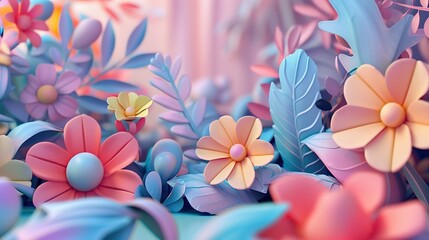3D render clay style abstract floral garden, with oversized flowers and leaves in a spectrum of soft pastels