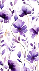 Fototapeta na wymiar Purple flower petals and leaves on white background seamless watercolor pattern spring floral backdrop 