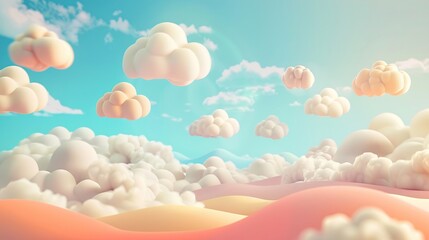 Fototapeta premium 3D render clay style depiction of fluffy clouds in a pastel sky, gently floating over a dreamy landscape, HD, 4K