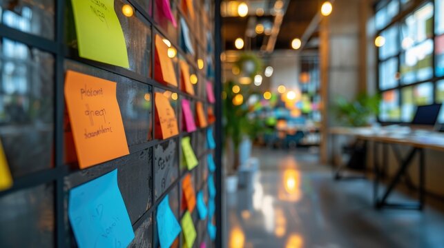sticky note on brainstorming board at business office.	
