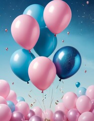 A mesmerizing cluster of blue and pink balloons soar into a surreal sky, sprinkled with tiny hearts, creating a dreamlike festive atmosphere