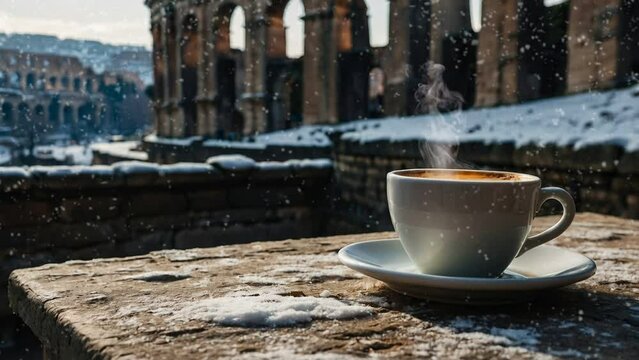 cup of coffee on the snow in colleseum, seamless looping animation video background 