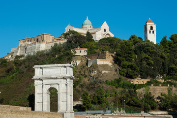 Italy, Marche Ancona 2.2.2024 Landscape of The Arch of Trajan in Ancona and in the background the cathedral of San Ciriaco