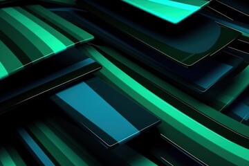 Green and black modern abstract squares background with dark background in blue striped in the style of futuristic chromatic waves, colorful minimalism pattern 