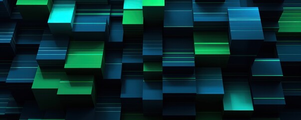 Green and black modern abstract squares background with dark background in blue striped in the style of futuristic chromatic waves, colorful minimalism pattern 