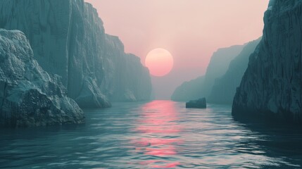 The scene on the right is a futuristic 3D render with cliffs and water with a minimalist abstract background on the left. The wallpaper on the right is a spiritual zen wallpaper with sunsets or - obrazy, fototapety, plakaty