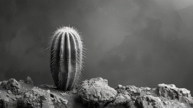   A monochromatic photograph depicts a cactus amidst rocks against a gloomy sky in the background