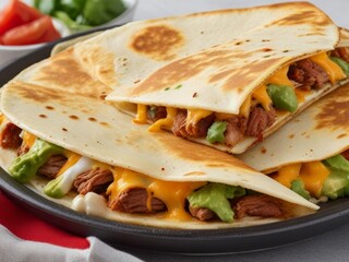 Obraz premium A mouthwatering display of quesadillas sizzling on a hot griddle, oozing with melted cheese and filled with savory meats like shredded chicken
